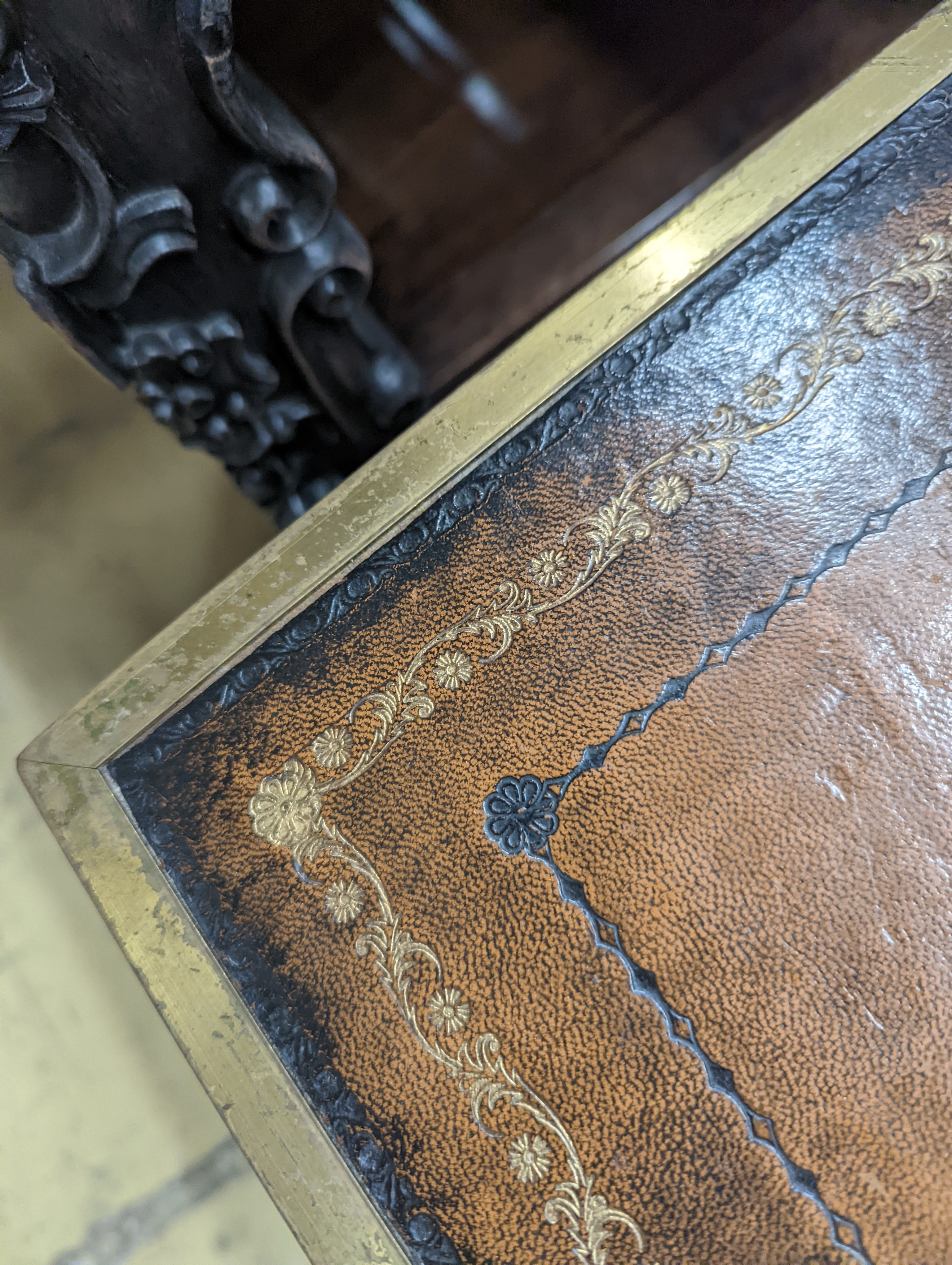 A pair of reproduction brass mounted military style yew veneered bedside chests with leather inset tops, width 56cm, depth 40cm, height 60cm